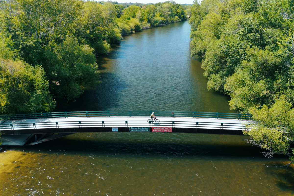 Aerial view of bike path crossing river